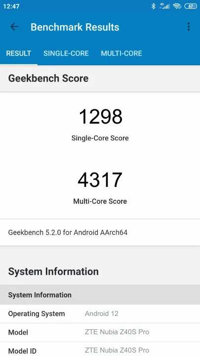 ZTE Nubia Z40S Pro Geekbench Benchmark результаты теста (score / баллы)