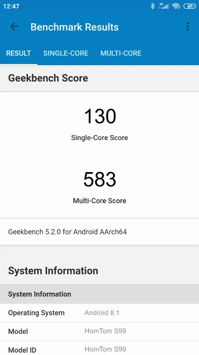 HomTom S99 Geekbench Benchmark результаты теста (score / баллы)