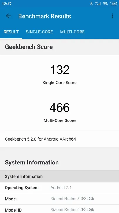 Xiaomi Redmi 5 3/32Gb Geekbench Benchmark результаты теста (score / баллы)