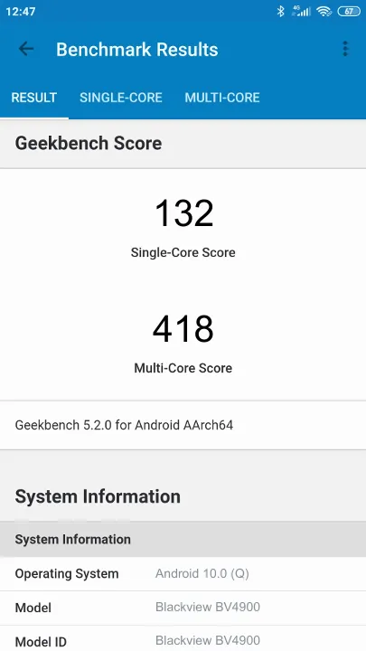 Blackview BV4900 Geekbench Benchmark результаты теста (score / баллы)