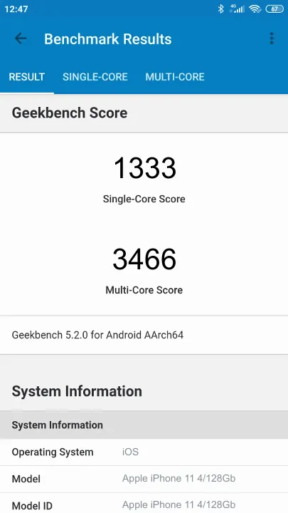 Apple iPhone 11 4/128Gb Geekbench Benchmark результаты теста (score / баллы)