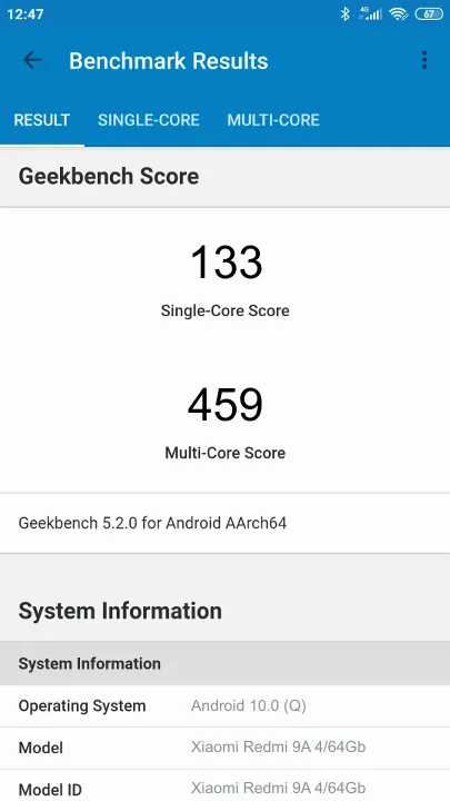 Xiaomi Redmi 9A 4/64Gb Geekbench Benchmark результаты теста (score / баллы)