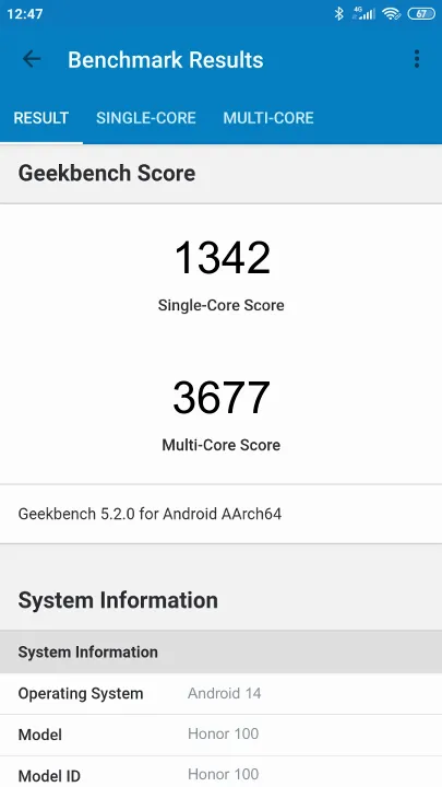 Honor 100 Geekbench Benchmark результаты теста (score / баллы)