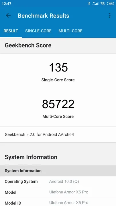 Ulefone Armor X5 Pro Geekbench Benchmark результаты теста (score / баллы)