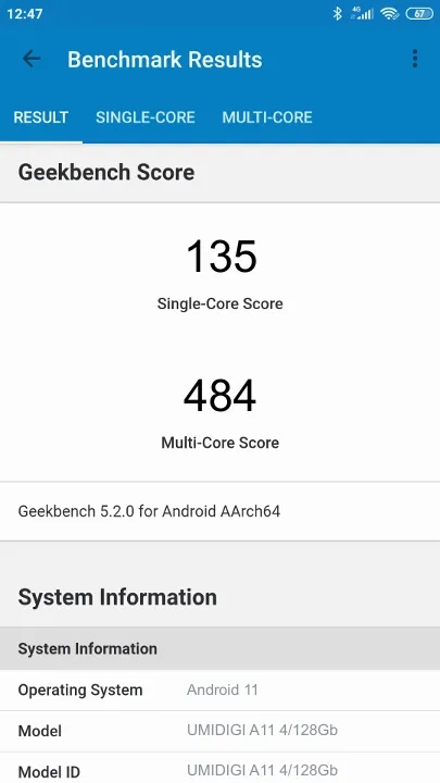 UMIDIGI A11 4/128Gb Geekbench Benchmark результаты теста (score / баллы)