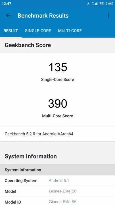 Gionee Elife S6 Geekbench Benchmark результаты теста (score / баллы)