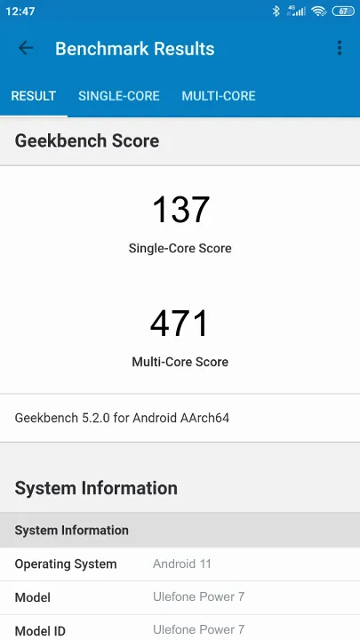Ulefone Power 7 Geekbench Benchmark результаты теста (score / баллы)