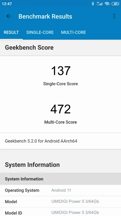 UMIDIGI Power 5 3/64Gb Geekbench Benchmark результаты теста (score / баллы)