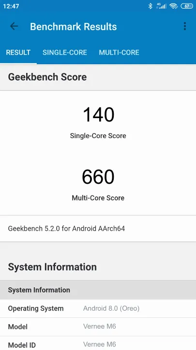 Vernee M6 Geekbench Benchmark результаты теста (score / баллы)