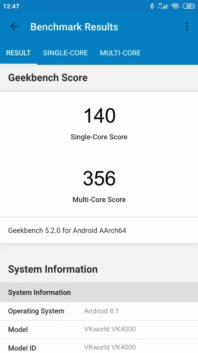 VKworld VK4000 Geekbench Benchmark результаты теста (score / баллы)