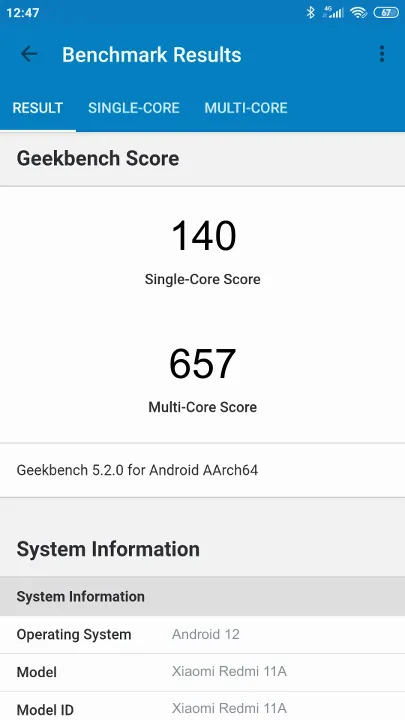 Xiaomi Redmi 11A Geekbench Benchmark результаты теста (score / баллы)