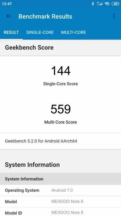 MEIIGOO Note 8 Geekbench Benchmark результаты теста (score / баллы)