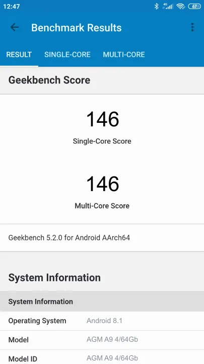AGM A9 4/64Gb Geekbench Benchmark результаты теста (score / баллы)