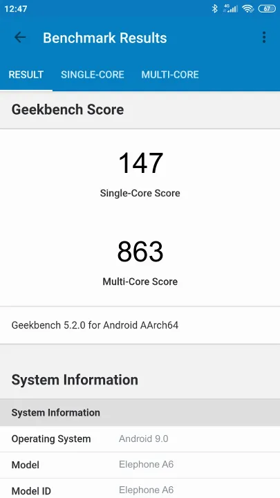 Elephone A6 Geekbench Benchmark результаты теста (score / баллы)