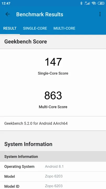 Zopo 6203 Geekbench Benchmark результаты теста (score / баллы)