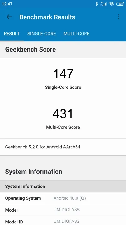 UMIDIGI A3S Geekbench Benchmark результаты теста (score / баллы)