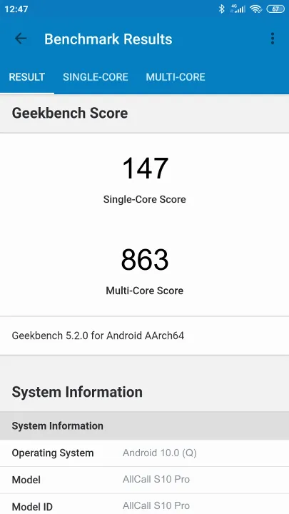AllCall S10 Pro Geekbench Benchmark результаты теста (score / баллы)