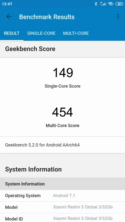 Xiaomi Redmi 5 Global 3/32Gb Geekbench Benchmark результаты теста (score / баллы)
