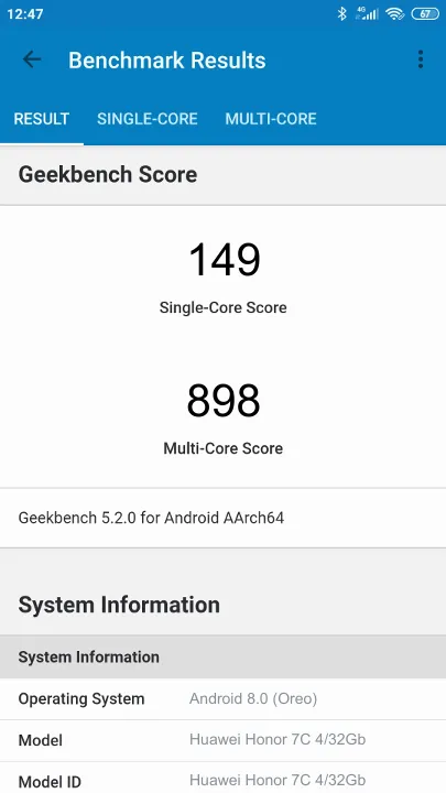 Huawei Honor 7C 4/32Gb Geekbench Benchmark результаты теста (score / баллы)