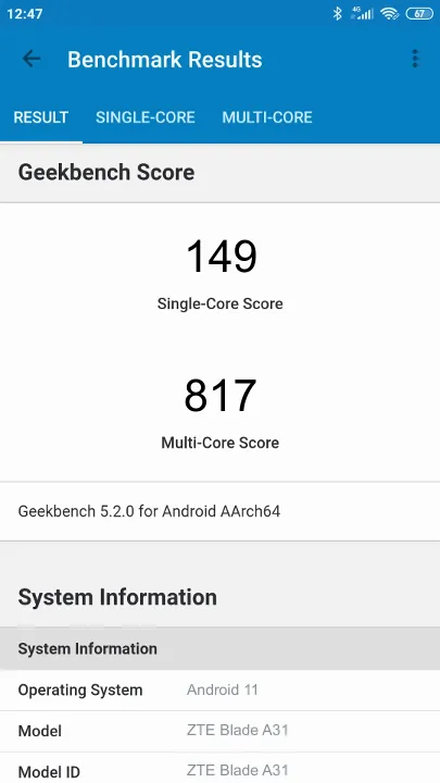 ZTE Blade A31 Geekbench Benchmark результаты теста (score / баллы)