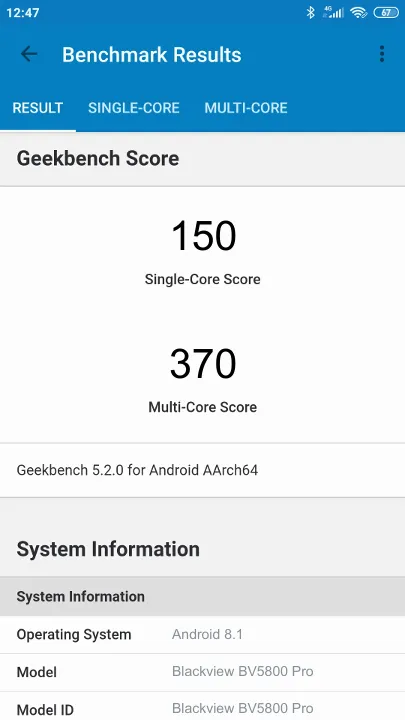 Blackview BV5800 Pro Geekbench Benchmark результаты теста (score / баллы)