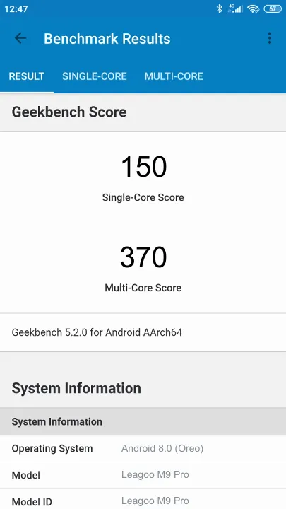 Leagoo M9 Pro Geekbench Benchmark результаты теста (score / баллы)