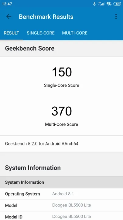 Doogee BL5500 Lite Geekbench Benchmark результаты теста (score / баллы)