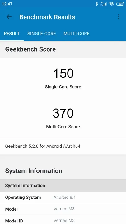 Vernee M3 Geekbench Benchmark результаты теста (score / баллы)