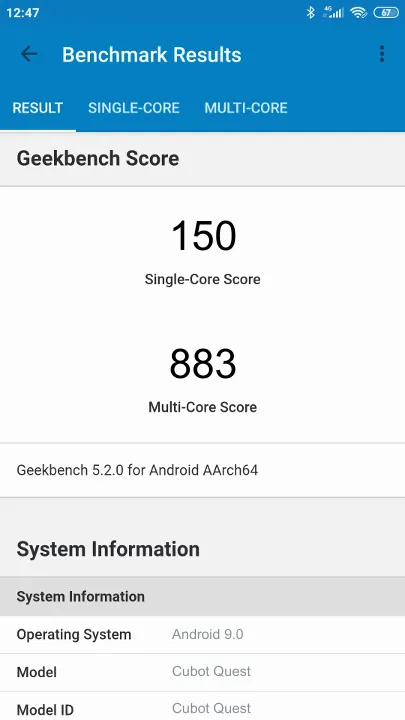 Cubot Quest Geekbench Benchmark результаты теста (score / баллы)