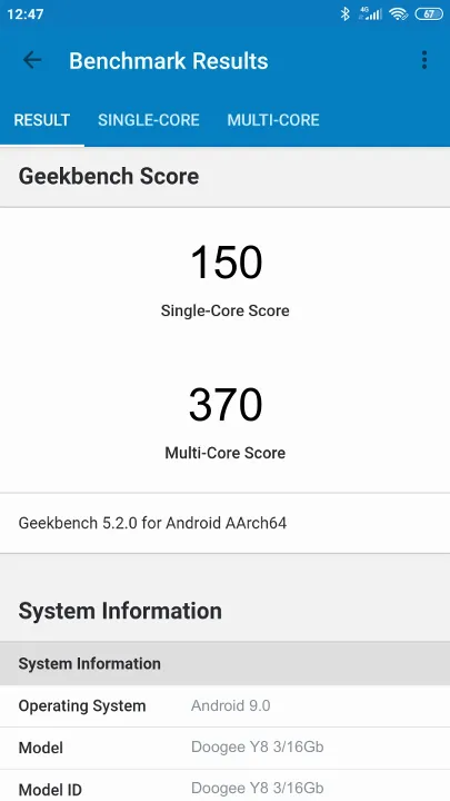 Doogee Y8 3/16Gb Geekbench Benchmark результаты теста (score / баллы)