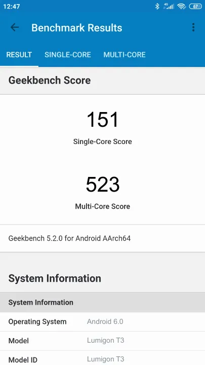 Lumigon T3 Geekbench Benchmark результаты теста (score / баллы)
