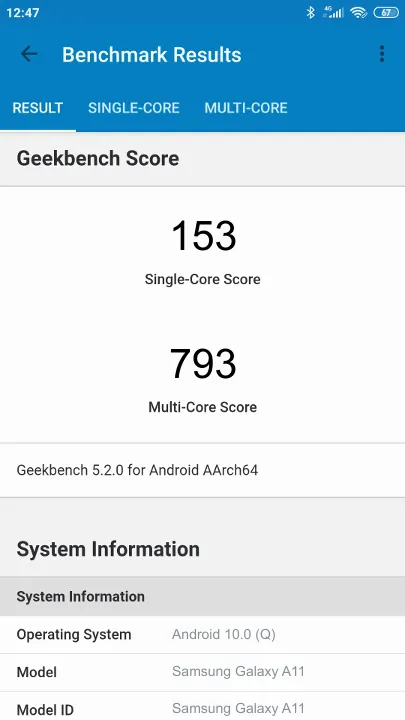 Samsung Galaxy A11 Geekbench Benchmark результаты теста (score / баллы)