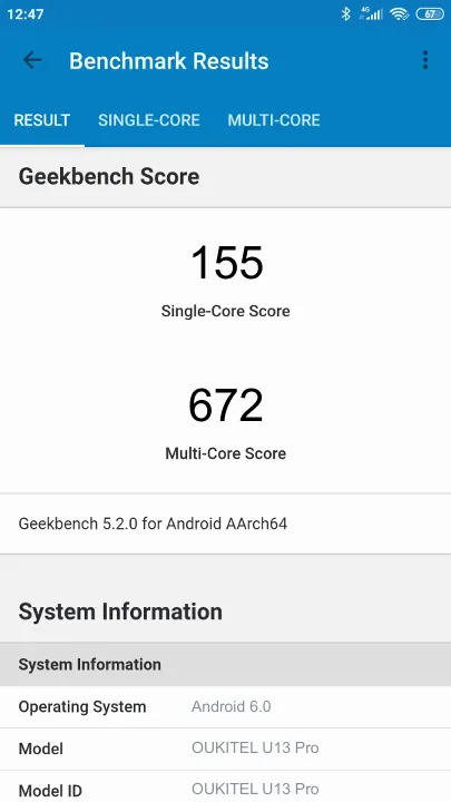 OUKITEL U13 Pro Geekbench Benchmark результаты теста (score / баллы)