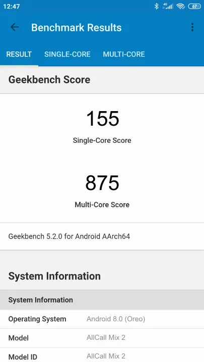 AllCall Mix 2 Geekbench Benchmark результаты теста (score / баллы)