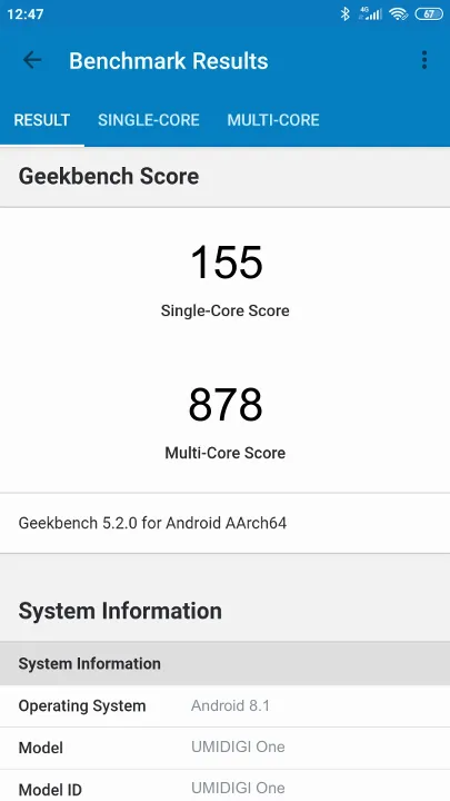 UMIDIGI One Geekbench Benchmark результаты теста (score / баллы)