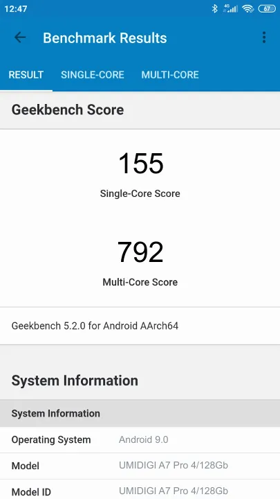 UMIDIGI A7 Pro 4/128Gb Geekbench Benchmark результаты теста (score / баллы)