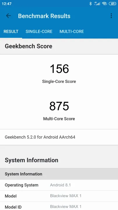 Blackview MAX 1 Geekbench Benchmark результаты теста (score / баллы)