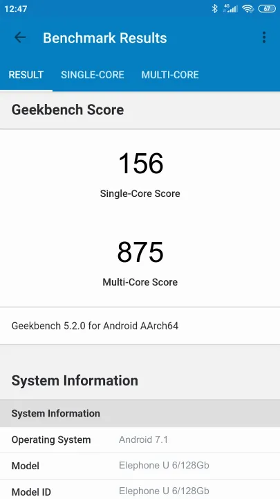 Elephone U 6/128Gb Geekbench Benchmark результаты теста (score / баллы)