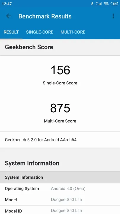 Doogee S50 Lite Geekbench Benchmark результаты теста (score / баллы)