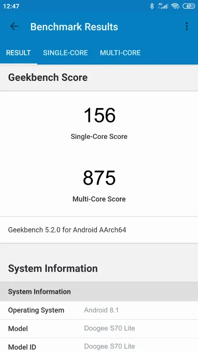 Doogee S70 Lite Geekbench Benchmark результаты теста (score / баллы)