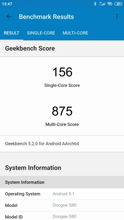 Doogee S80 Geekbench Benchmark результаты теста (score / баллы)