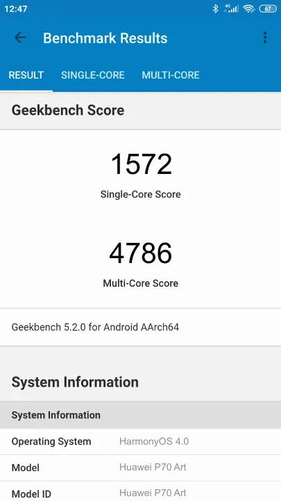 Huawei P70 Art Geekbench Benchmark результаты теста (score / баллы)