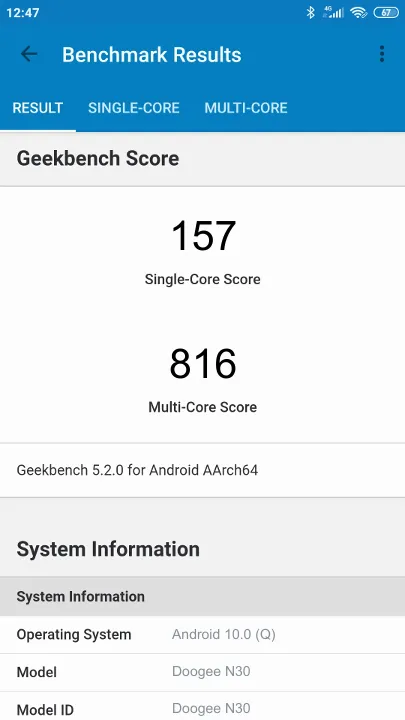 Doogee N30 Geekbench Benchmark результаты теста (score / баллы)