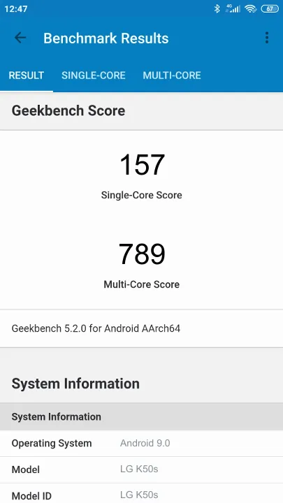 LG K50s Geekbench Benchmark результаты теста (score / баллы)