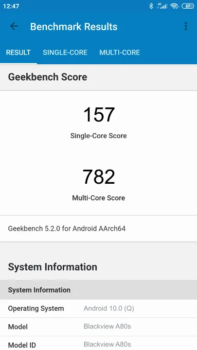 Blackview A80s Geekbench Benchmark результаты теста (score / баллы)