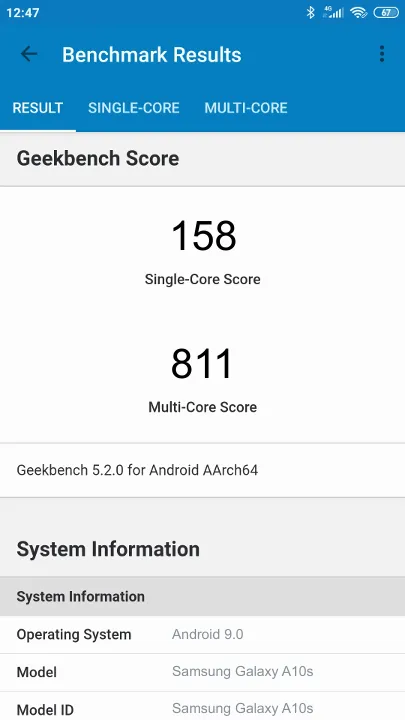 Samsung Galaxy A10s Geekbench Benchmark результаты теста (score / баллы)