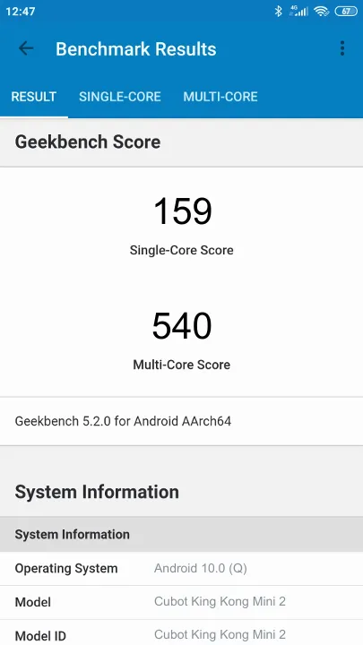 Cubot King Kong Mini 2 Geekbench Benchmark результаты теста (score / баллы)