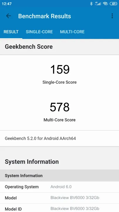 Blackview BV6000 3/32Gb Geekbench Benchmark результаты теста (score / баллы)
