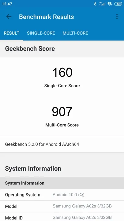 Samsung Galaxy A02s 3/32GB Geekbench Benchmark результаты теста (score / баллы)