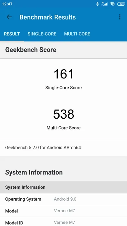 Vernee M7 Geekbench Benchmark результаты теста (score / баллы)